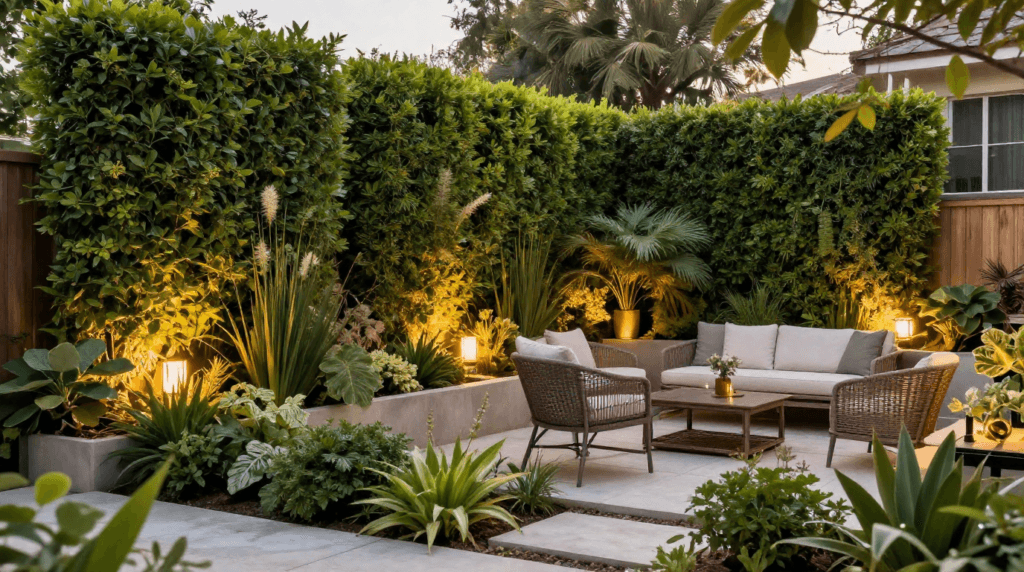 Fast-growing privacy plants are creating a natural backyard screen with lush greenery.