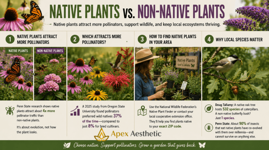 Native plants versus non-native plants comparison showing higher pollinator activity, local wildlife support, and ecosystem benefits.
