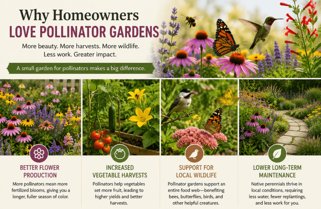 Pollinator garden benefits showing improved flower production, higher vegetable harvests, increased wildlife support, and low-maintenance native planting.
