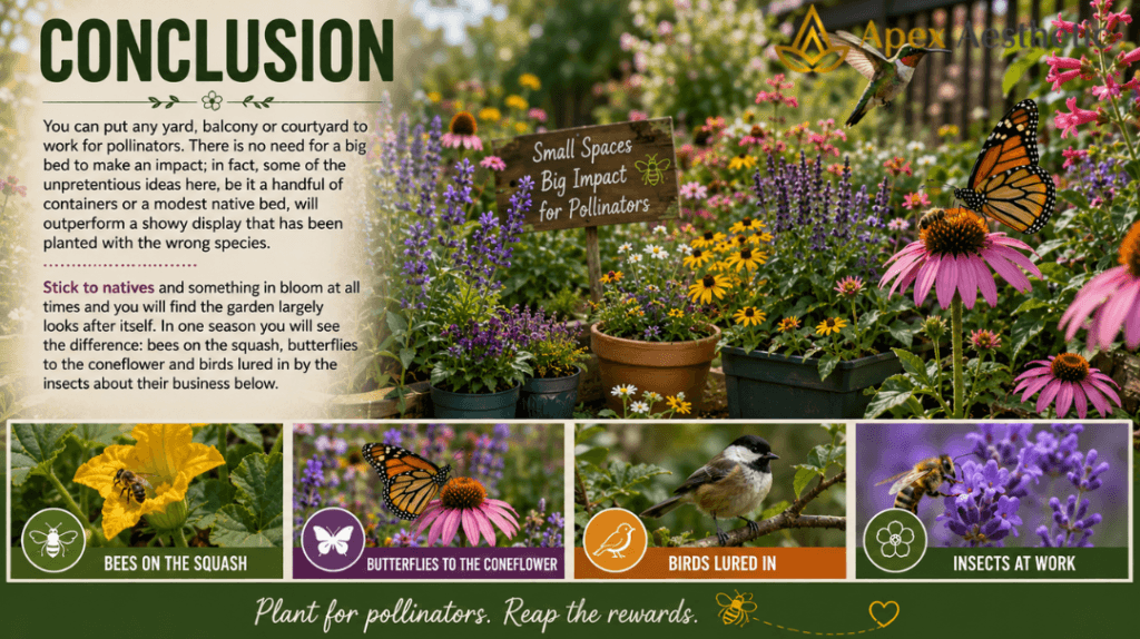 Pollinator-friendly garden with native flowers, butterflies, bees, hummingbirds, and wildlife creates a thriving backyard habitat.