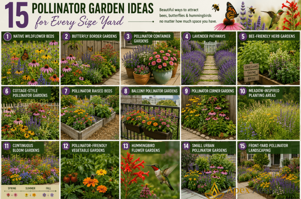 Pollinator garden ideas featuring native wildflower beds, butterfly borders, raised beds, balcony gardens, and front-yard pollinator landscaping.