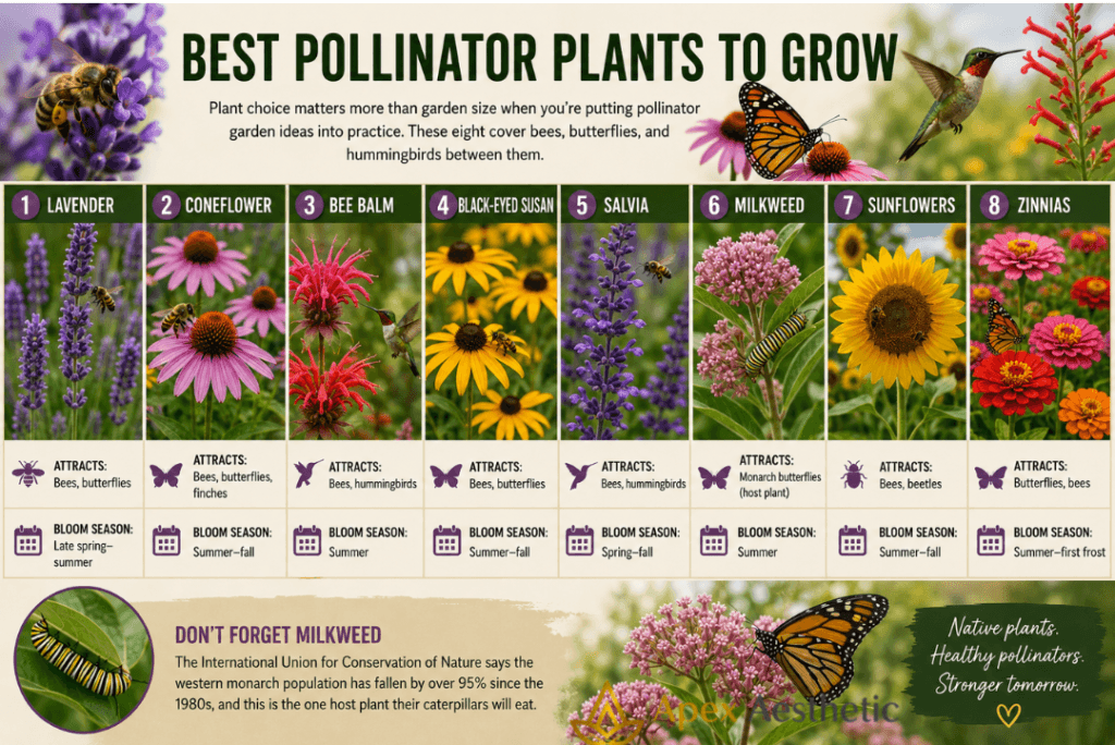 Best pollinator plants including lavender, coneflower, bee balm, salvia, milkweed, sunflowers, and zinnias attracting bees and butterflies.