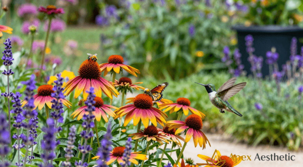 Pollinator garden filled with native flowers attracting bees, butterflies, and hummingbirds.