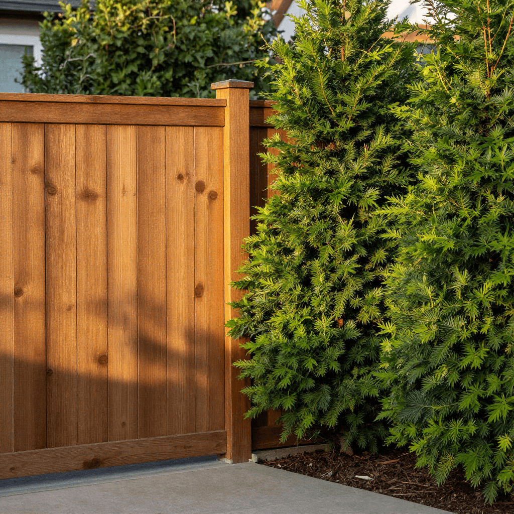 Comparison of evergreen privacy hedge and traditional wooden backyard fence.