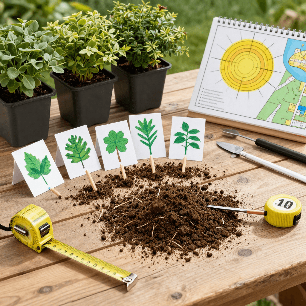 Gardener planning privacy hedge placement using plant labels and soil checks.