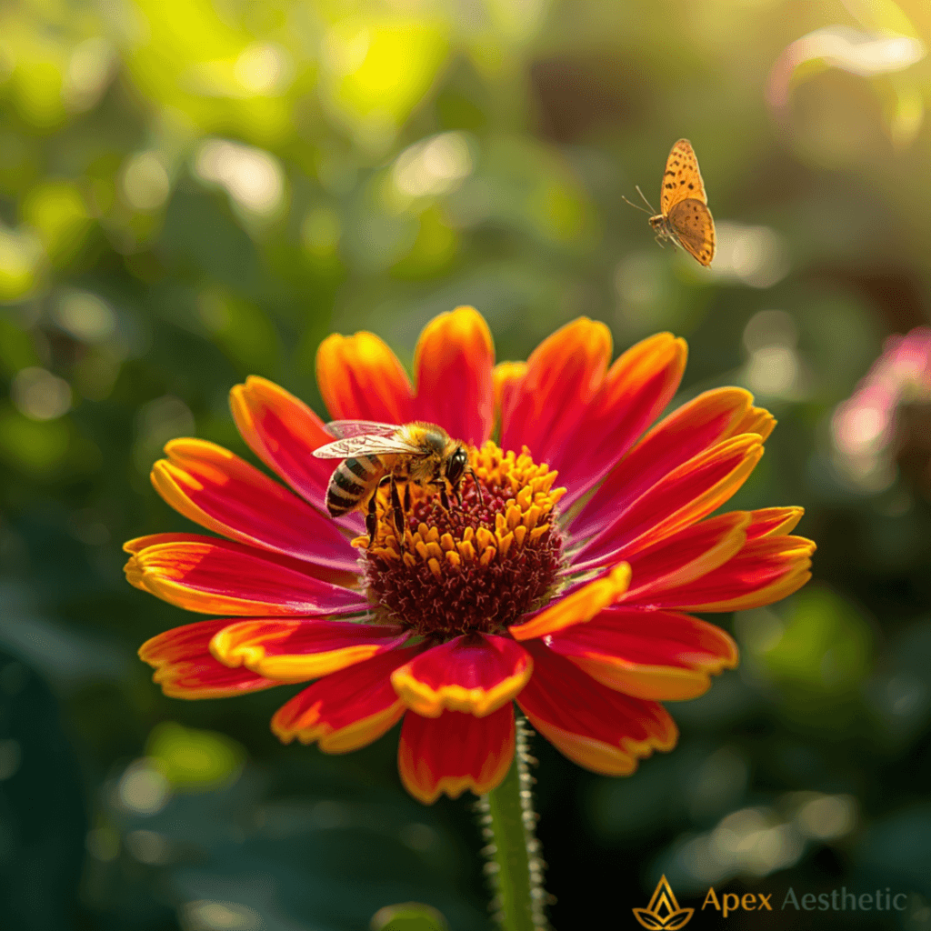 Bee pollinating flowers in a backyard garden ecosystem.