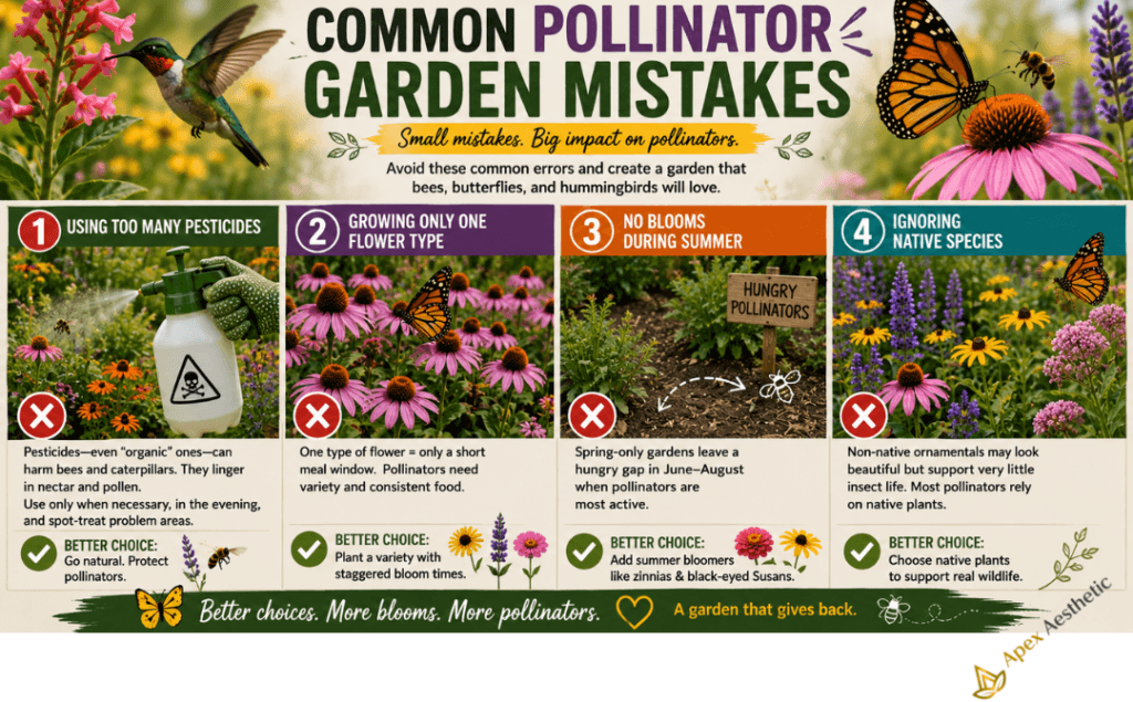 Common pollinator garden mistakes include excessive pesticide use, lack of flower diversity, summer bloom gaps, and ignoring native plants.
