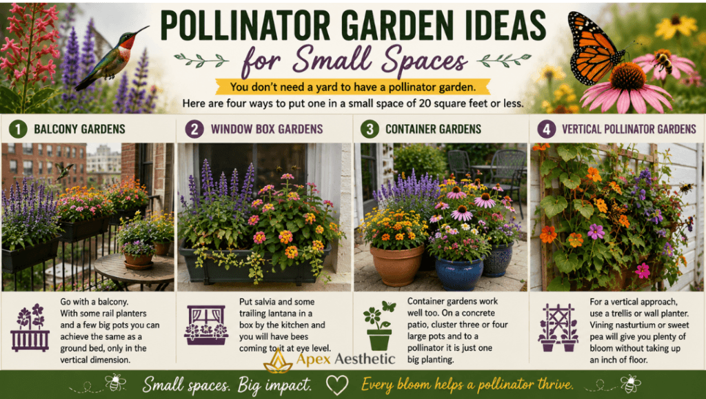 Small-space pollinator garden ideas featuring balcony planters, window boxes, container gardens, and vertical flowering plant displays.