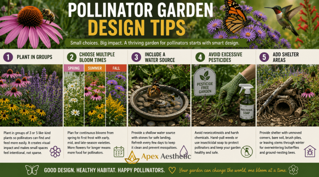 Pollinator garden design tips showing grouped flowers, seasonal blooms, water sources, pesticide-free gardening, and wildlife shelter areas.
