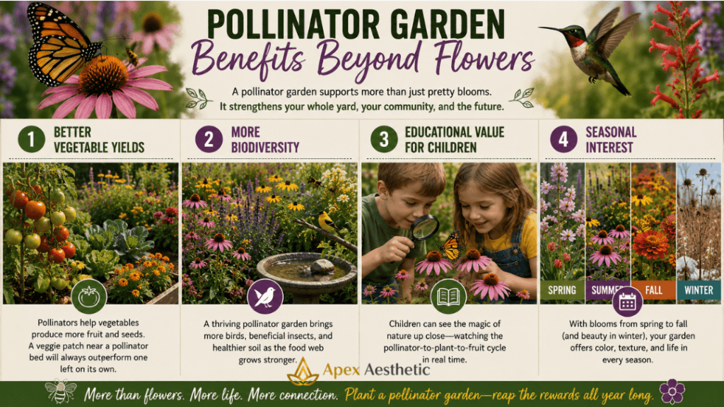 Pollinator garden benefits including increased vegetable yields, greater biodiversity, educational opportunities, and year-round seasonal interest.