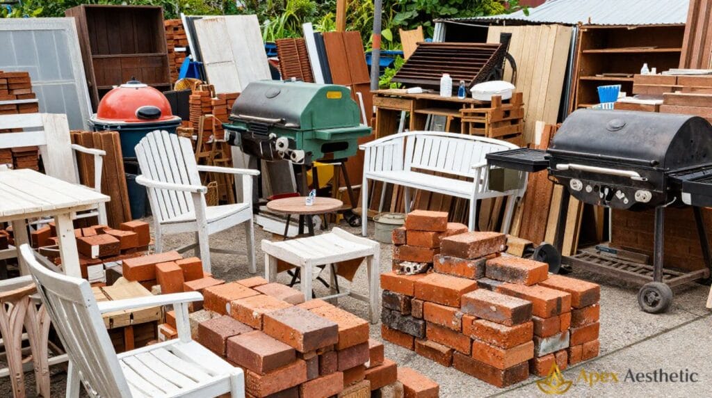 Affordable outdoor kitchen materials sourced from salvage yards and home improvement stores.