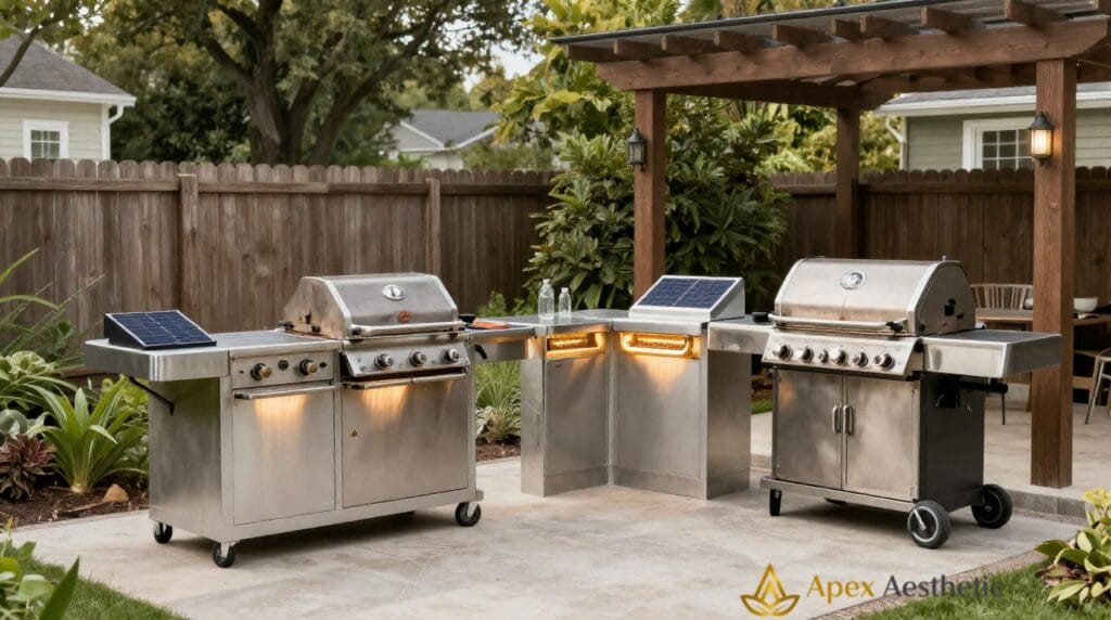 Affordable outdoor kitchen setup with grill station, prep space, and solar lighting.