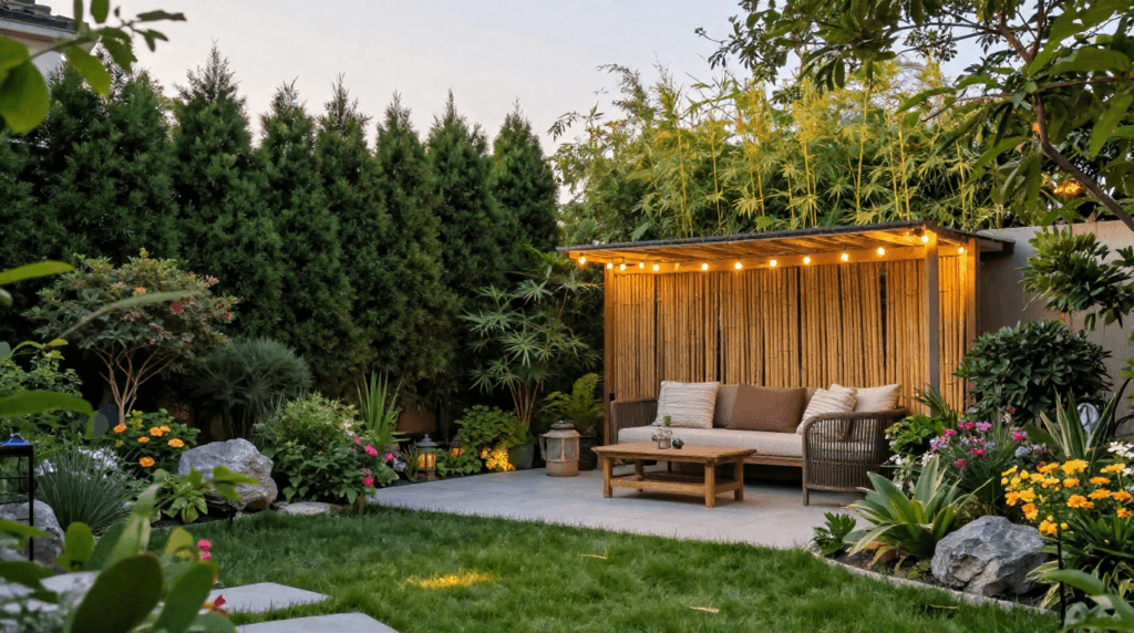 Mature privacy plants creating a peaceful backyard retreat with natural screening and lush greenery.