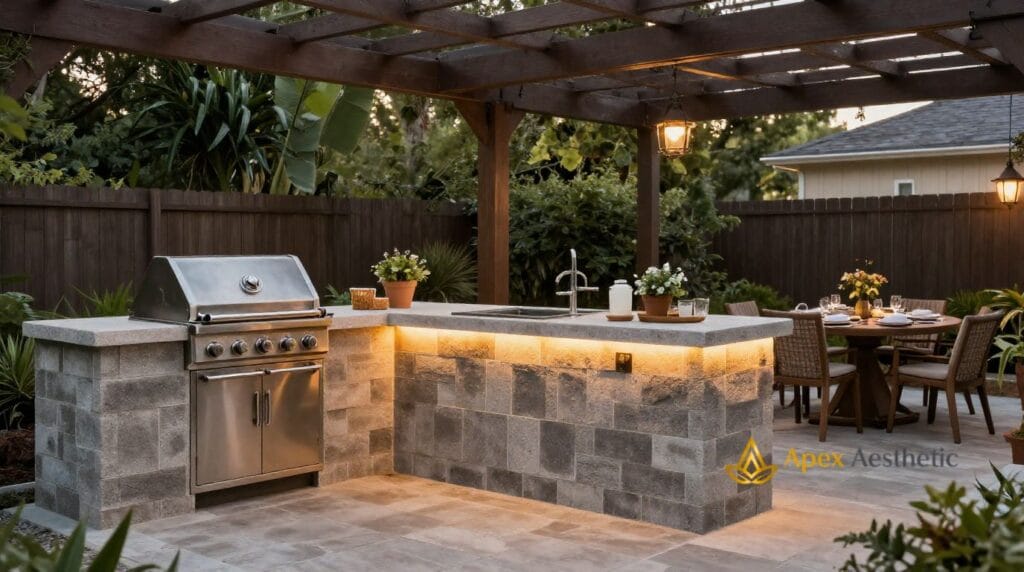 Budget-friendly outdoor kitchen with grill station, solar lighting, pergola, and outdoor seating area