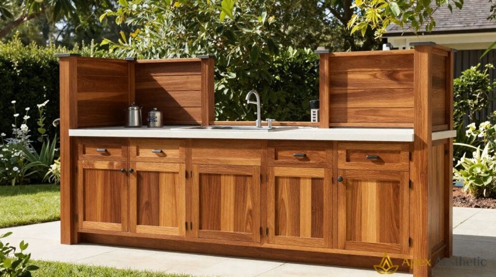 Cedar outdoor kitchen cabinetry with natural weather-resistant wood finish