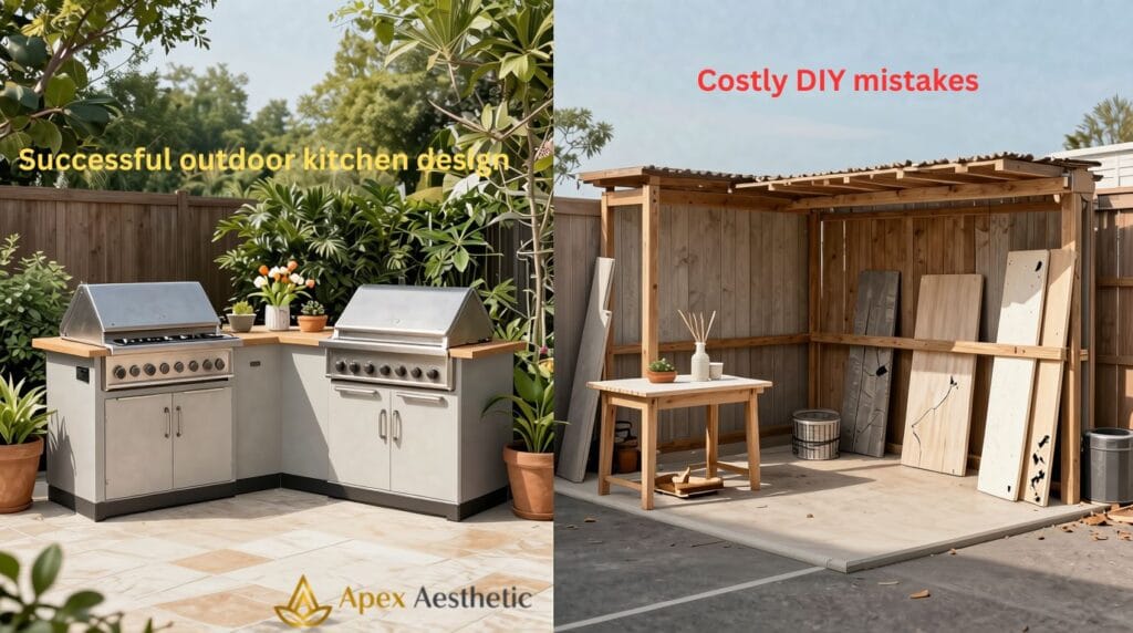 Common outdoor kitchen mistakes including poor planning, cheap materials, and weather exposure.