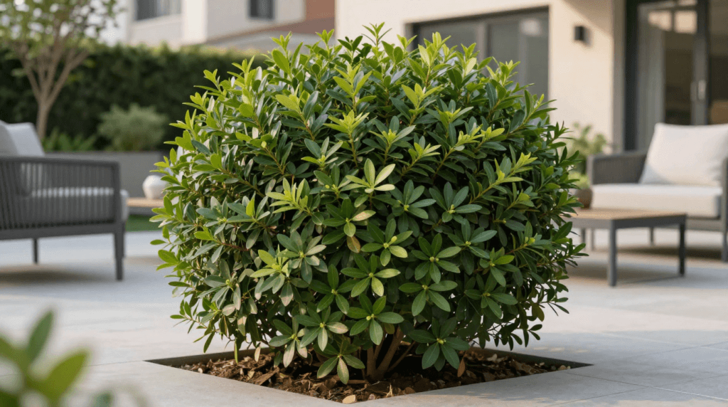 Skip Laurel hedge providing privacy in a compact backyard space.