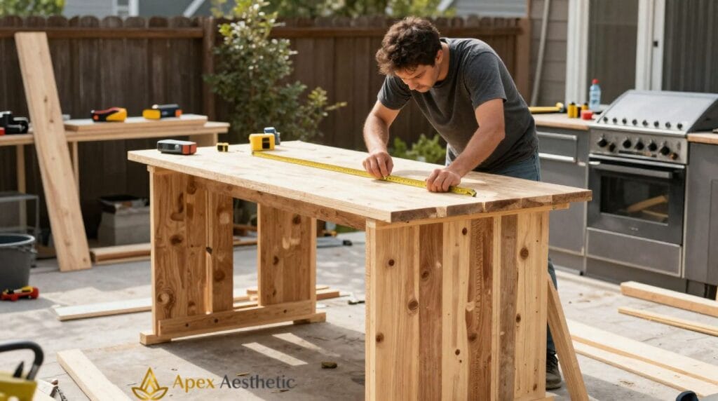 DIY outdoor kitchen construction showing weekend build progress and installation stages