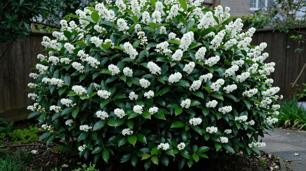 Cherry Laurel hedge with evergreen foliage and white spring flowers.
