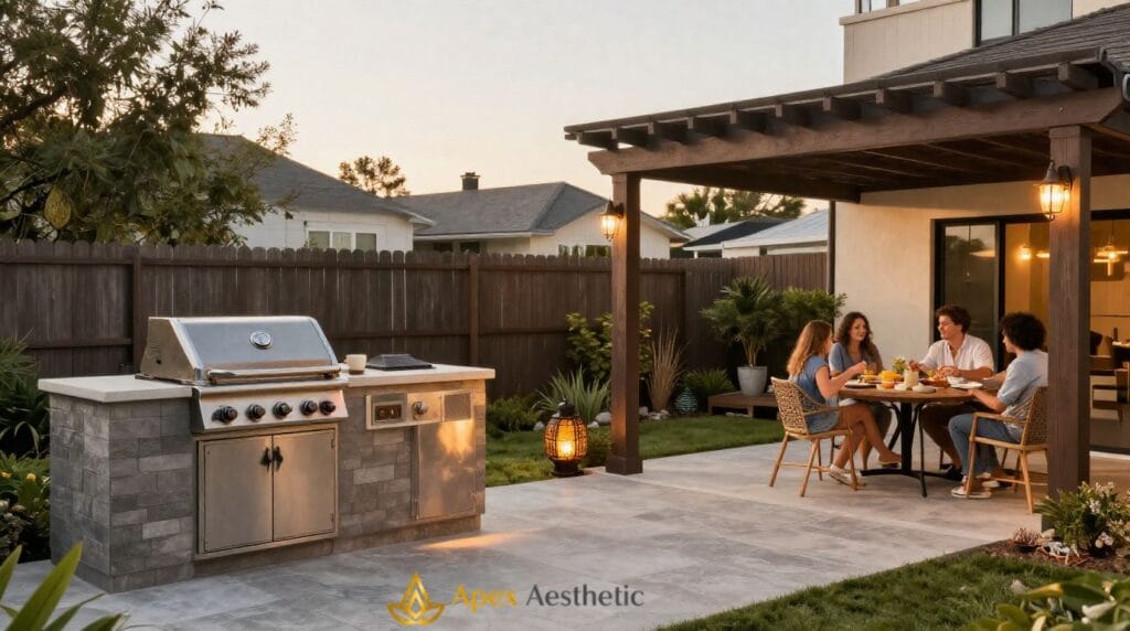 Finished budget outdoor kitchen featuring grill island, lighting, seating, and outdoor entertaining space.