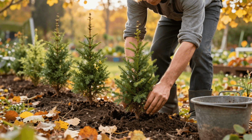 Planting privacy hedge plants during autumn for strong root establishment.