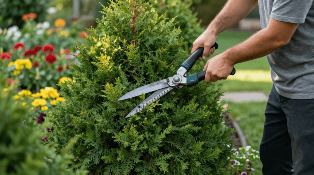 Gardener pruning a mature privacy hedge to maintain healthy growth.