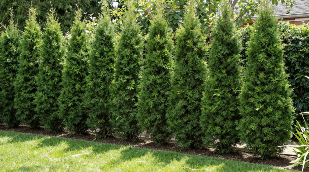 Emerald Green Arborvitae trees used for privacy in a small backyard.