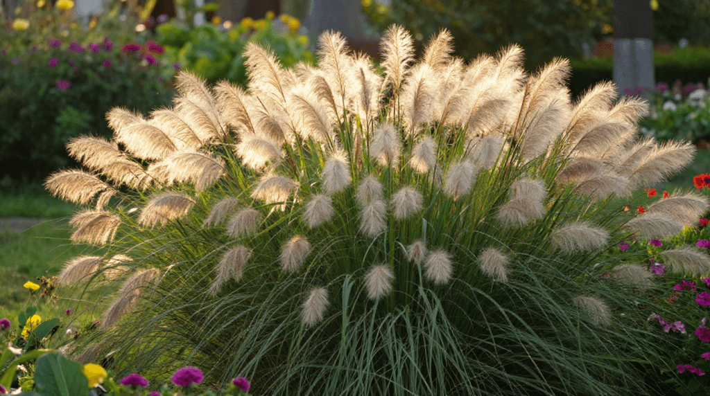 Miscanthus ornamental grass providing seasonal privacy in a backyard.
