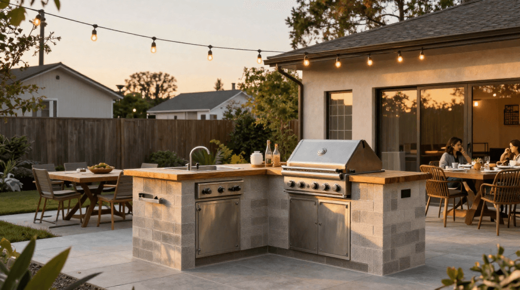 Budget outdoor kitchen featuring a DIY grill island, prep counter, solar lighting, and affordable backyard entertaining space