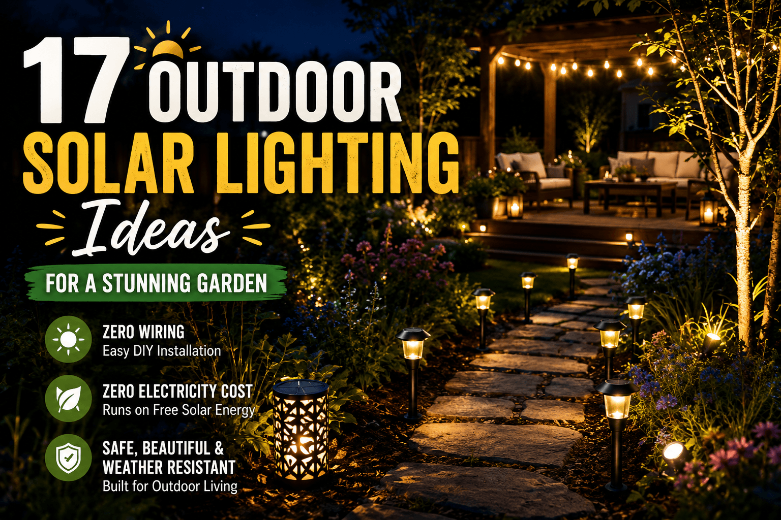 Outdoor solar lighting ideas featuring pathway lights, lanterns, string lights, and illuminated garden landscaping at night.