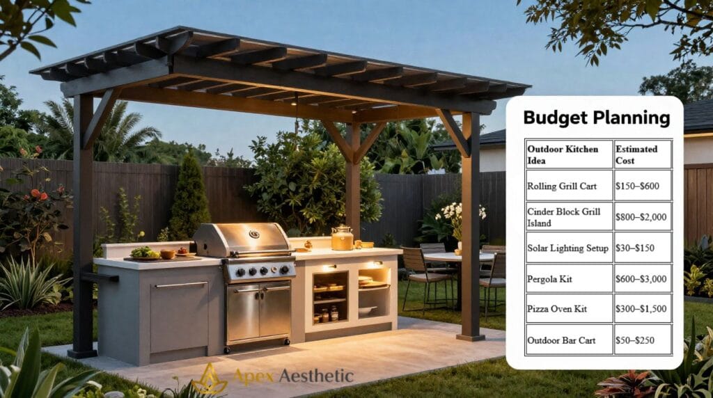 Outdoor kitchen budget planning showing costs for grills, lighting, pergolas, and seating