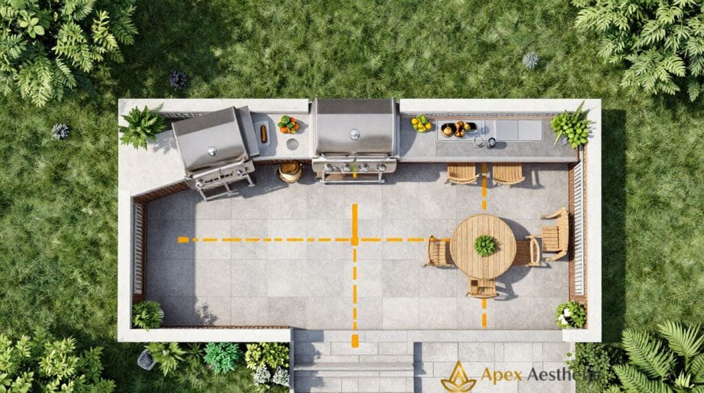 Outdoor kitchen layout showing grill area, prep station, seating, and safe walking space