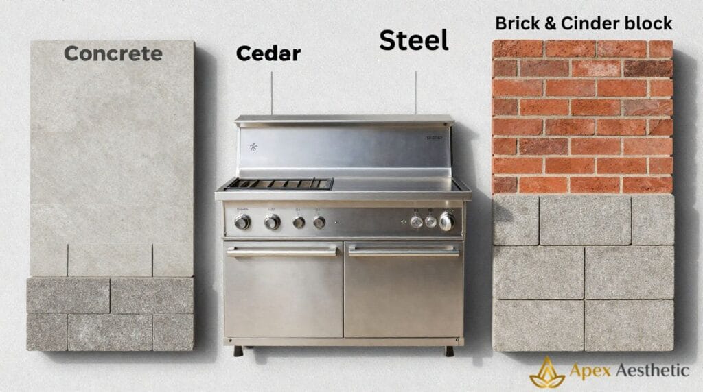 Outdoor kitchen materials including concrete, cedar, stainless steel, and brick for long-term durability.