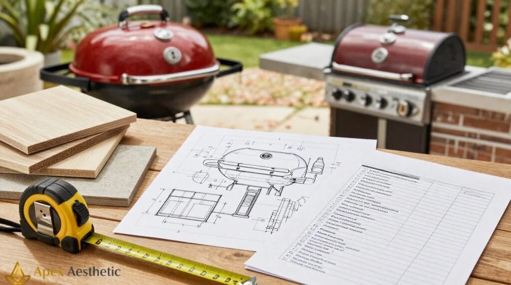 Outdoor kitchen planning checklist with materials, measurements, and design plans