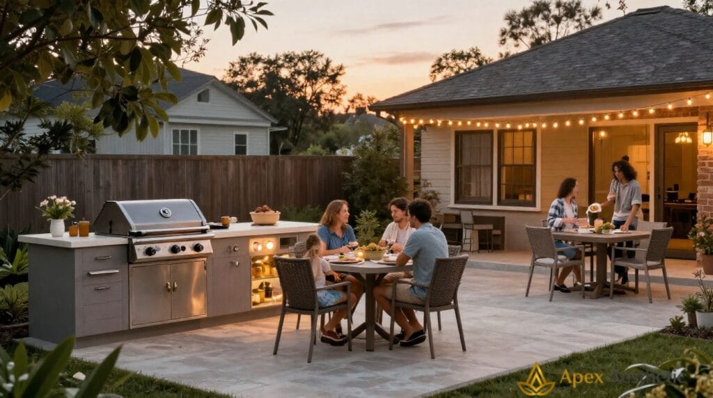 Outdoor kitchen with grill, seating, and lighting creating an inviting backyard entertainment area
