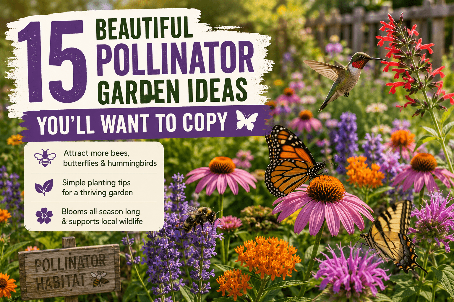 Pollinator garden ideas featuring native flowers, butterflies, bees, and hummingbirds in a colorful wildlife-friendly backyard garden.