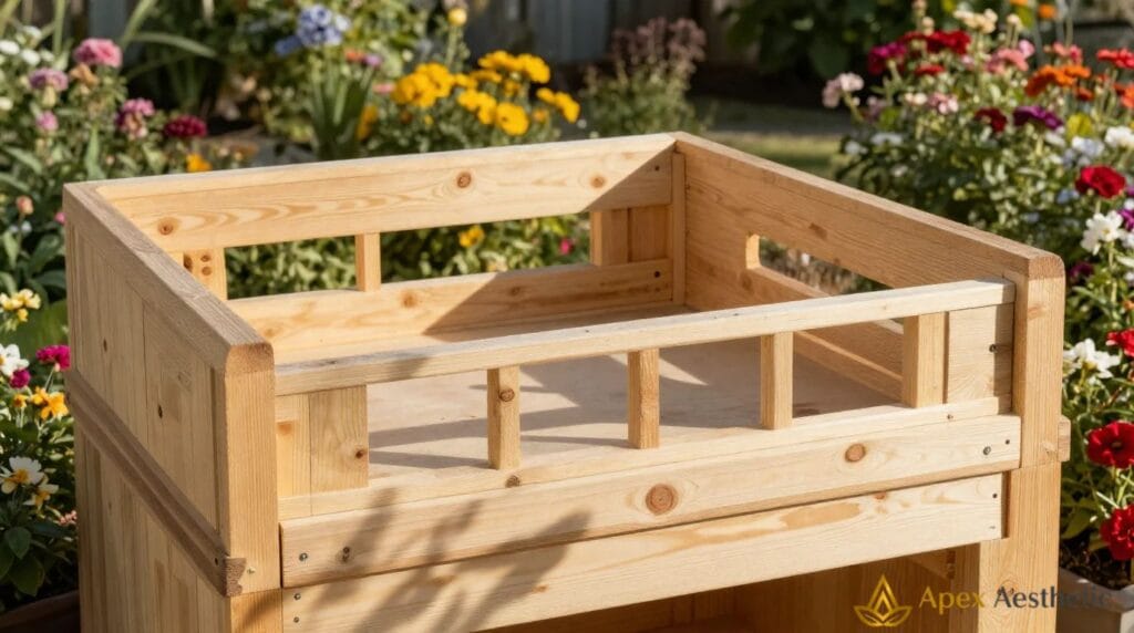 Pressure-treated wood frame used in a DIY outdoor kitchen project.