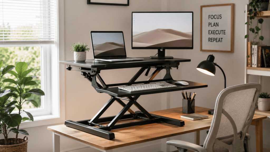 Standing desk for small spaces in a home office.