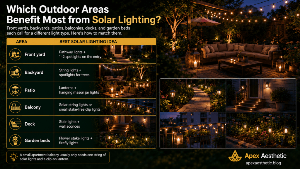Solar lighting ideas for front yards, backyards, patios, balconies, decks, and garden beds with energy-efficient outdoor illumination.