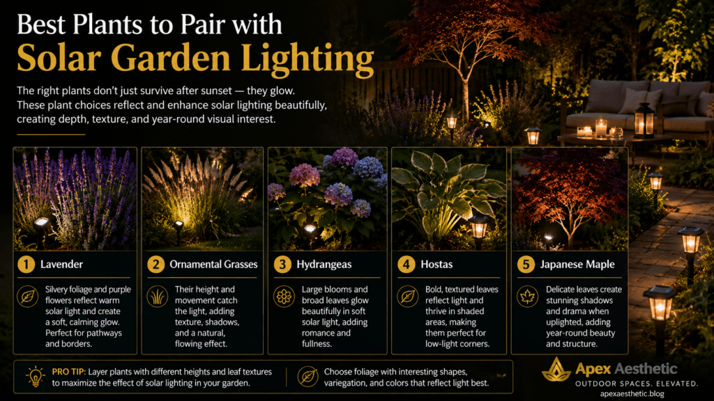 Best plants for solar garden lighting including lavender, ornamental grasses, hydrangeas, hostas, and Japanese maple illuminated at night.