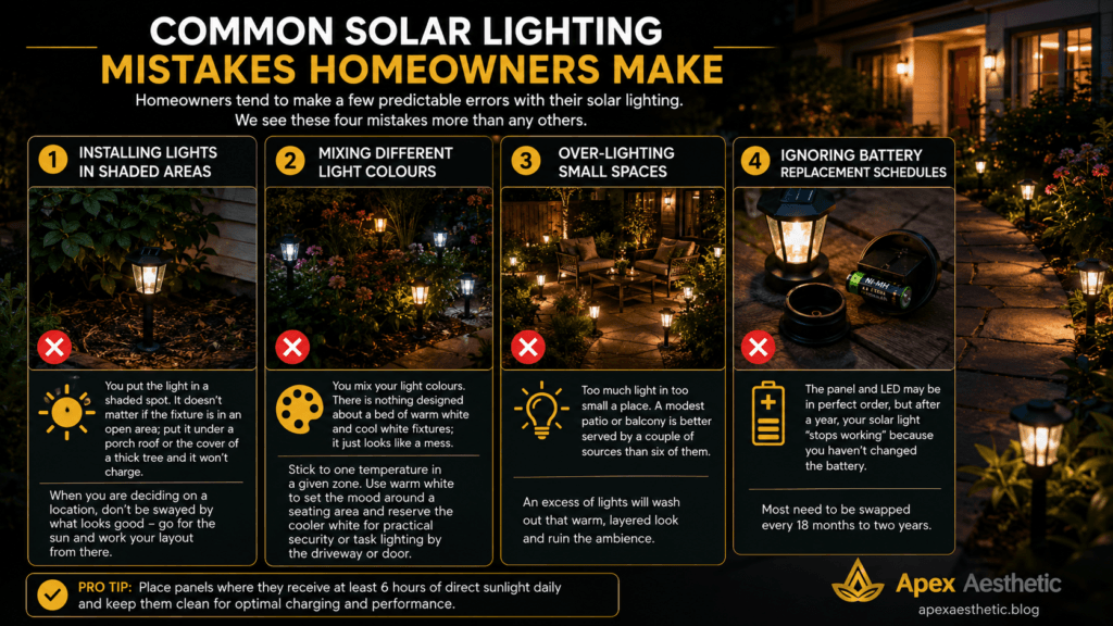 Common solar lighting mistakes include shaded installation, mixed light colors, over-lighting small spaces, and neglected battery replacement.