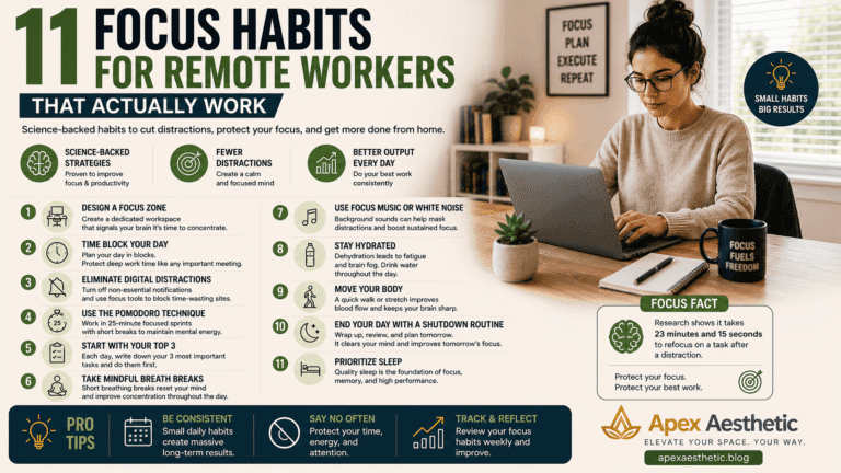 Remote worker using focus habits in a minimalist home office with a productive and distraction-free workspace