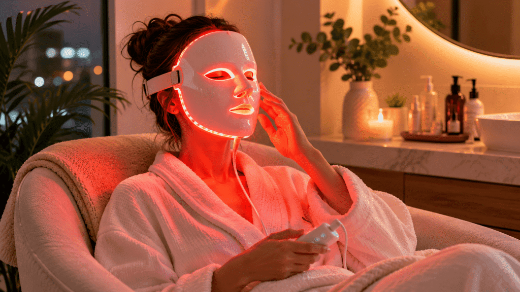 LED face mask used during an at-home skincare routine.