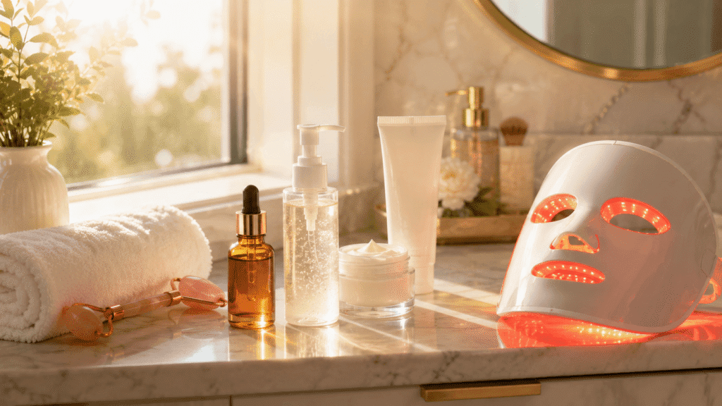 Morning skincare routine with red light therapy and sunscreen.
