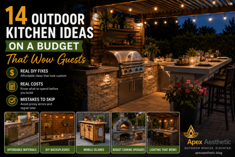 Budget outdoor kitchen ideas with DIY grill station, outdoor bar seating, and affordable backyard cooking space.