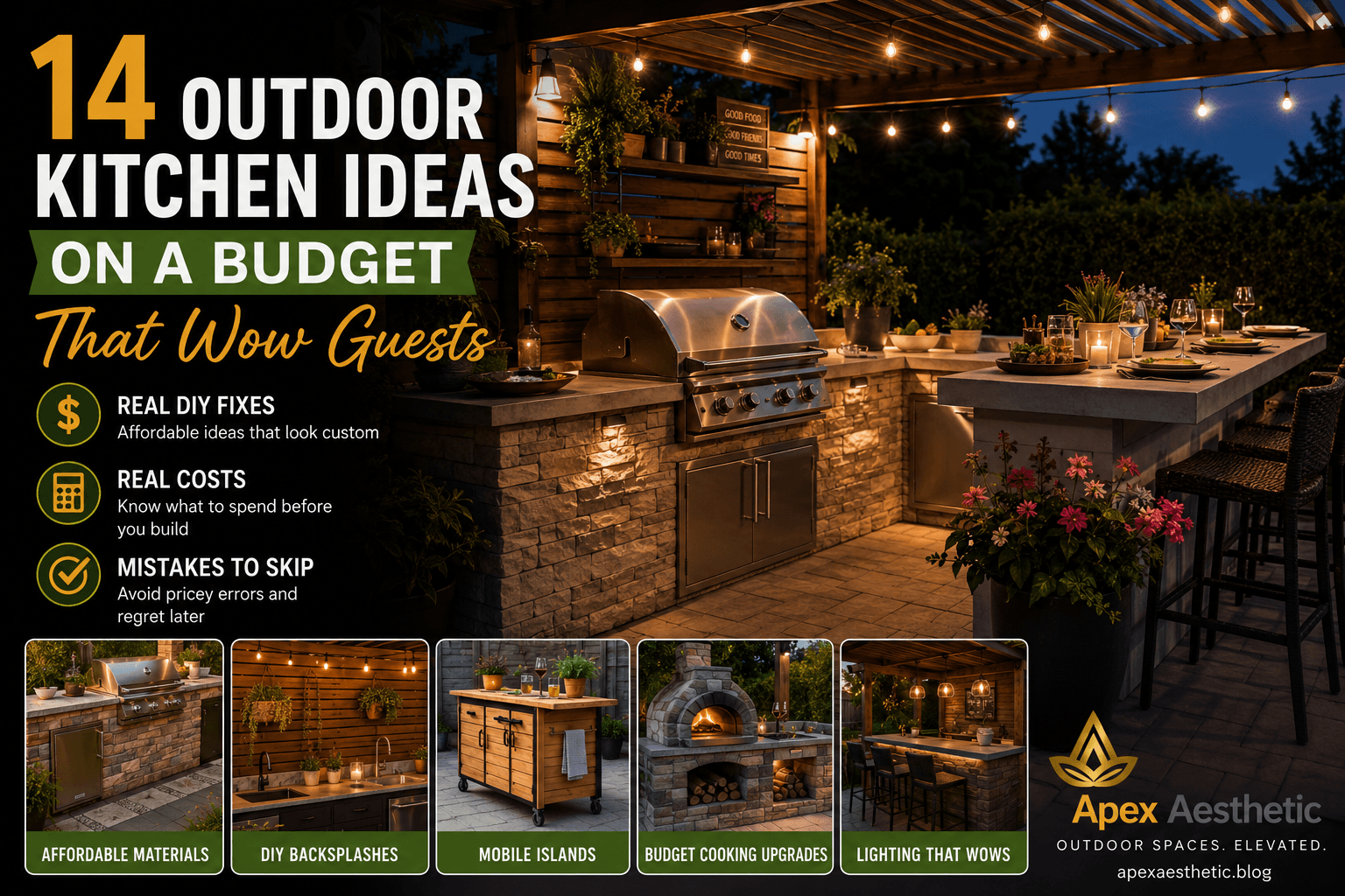 Budget outdoor kitchen ideas with DIY grill station, outdoor bar seating, and affordable backyard cooking space.