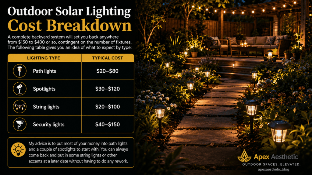 Outdoor solar lighting cost breakdown showing path lights, spotlights, string lights, and security lights with typical installation costs.