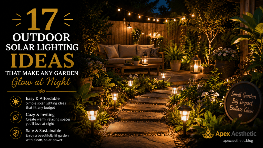 Outdoor solar lighting ideas featuring illuminated garden pathways, solar path lights, string lights, and a cozy backyard patio at night.