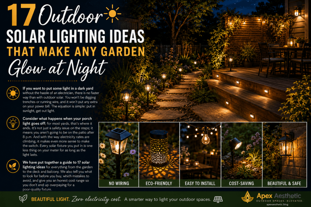 Outdoor solar lighting ideas featuring illuminated garden pathways, deck stairs, patio string lights, and energy-efficient solar landscape lighting at night.