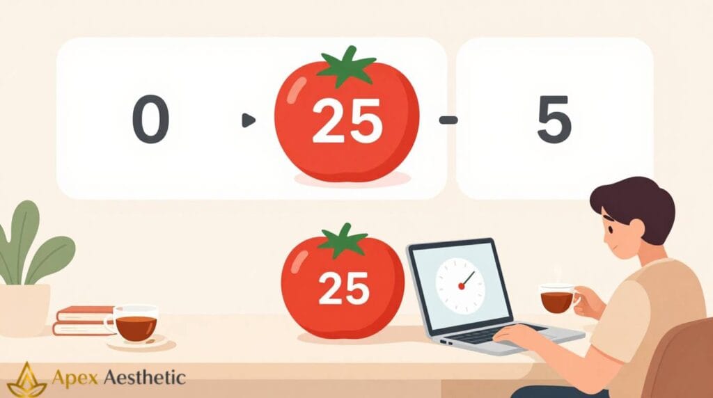 Illustration of the Pomodoro productivity technique with work and break intervals.